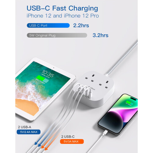 5M Extension Lead with USB Slots, Power Strips wit 1
