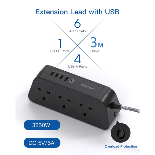 Black 3M Extension Cable, Extension Lead with 6 Wa 1