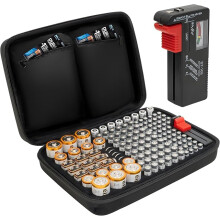 Tanness 140 Battery Case With Tester | Large Capacity Organiser Storage Case Bag for AAA, AA, 9V Flat, C and D Size Batteries (Not Included)