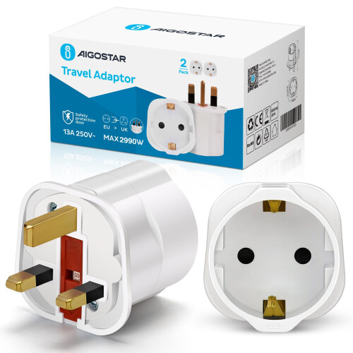 Aigostar 2 Pack EU to UK Adapter - Euro Schuko 2 P