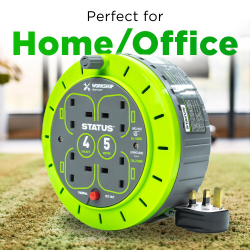 Status STATUS 4 Socket Cable Reel, 5m, Green, 13 Amp, The 1