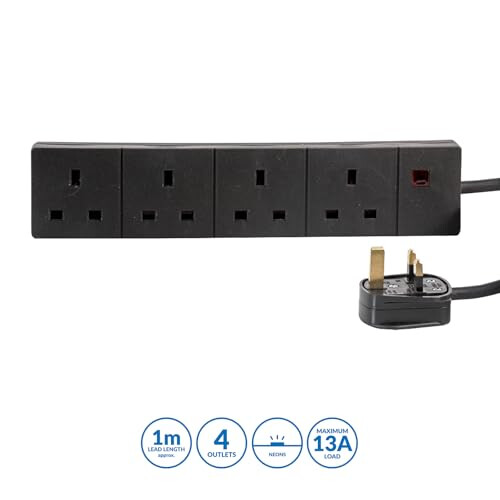 PRO ELEC 4-Gang Mains Extension Lead, 1m Black, 13 1