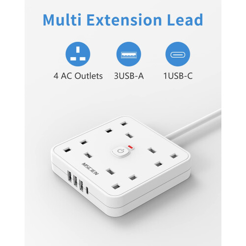 4M 4 Way Extension lead with USB Slots (3 USB-A, 1 1