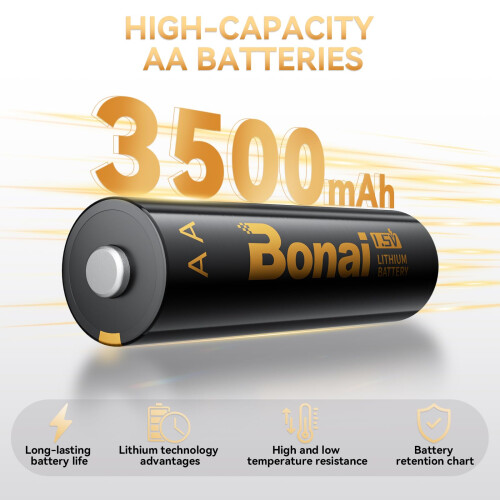 BONAI 3500 mAh Lithium AA batteries 12 Pack, Long 2