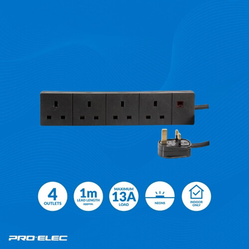 PRO ELEC 4-Gang Mains Extension Lead, 1m Black, 13 2