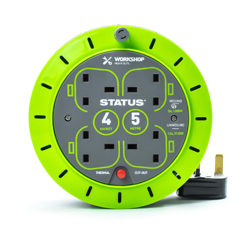 Status STATUS 4 Socket Cable Reel, 5m, Green, 13 Amp, The