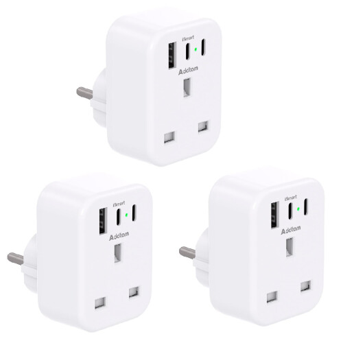 [3 Pack] UK to European Plug Adapter with 3 USB Po