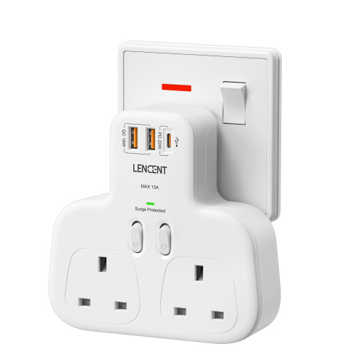 LENCENT Double Plug Adaptor With 3 USB Slots, Mult