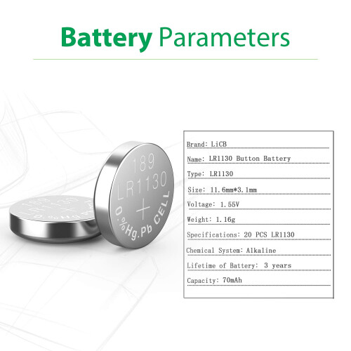 LiCB 20 PCS LR1130 AG10 Battery 1.5V Alkaline Butt 1