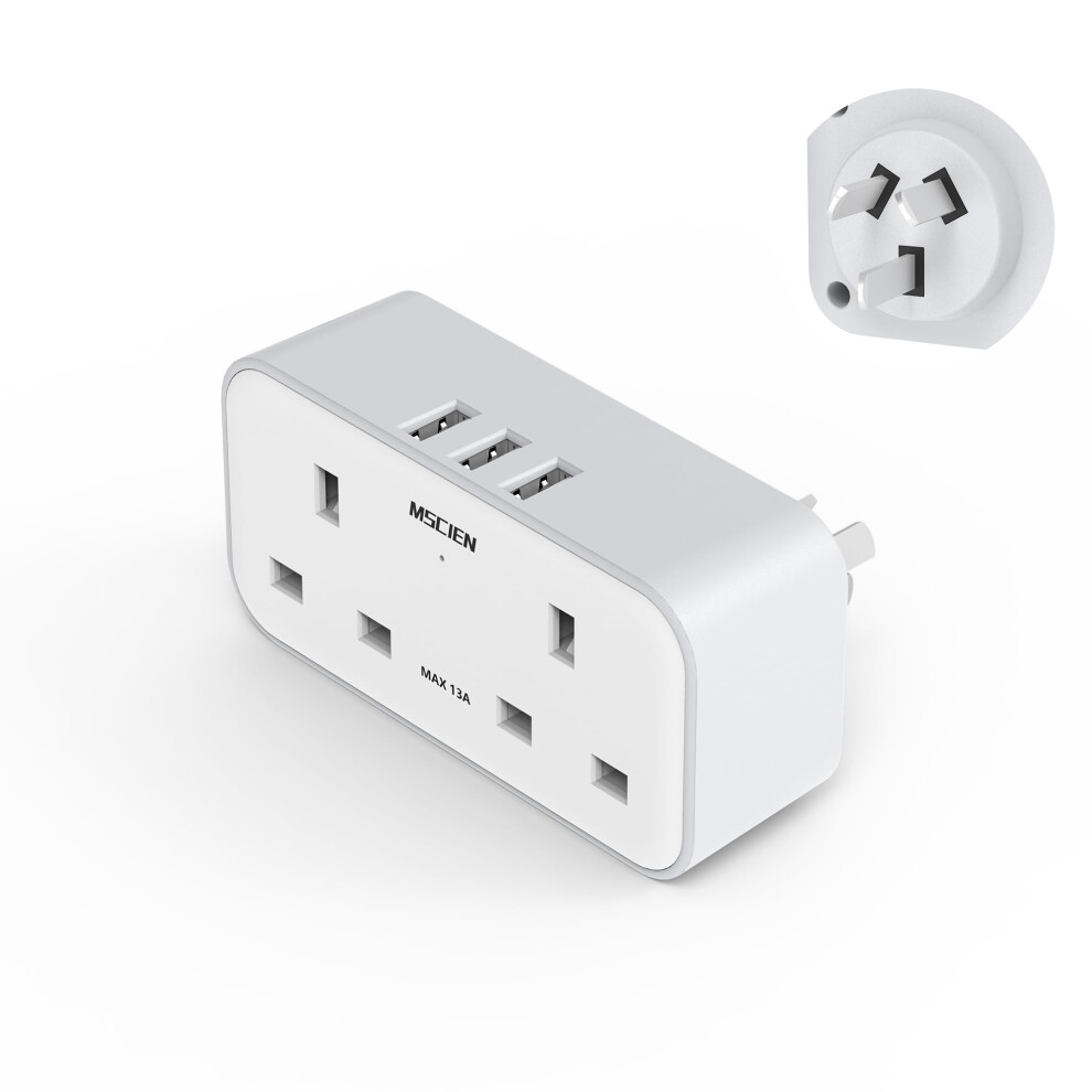 Mscien Uk To Australia Plug Adapter With 3 Usb, Grounded Australian China New Zealand Travel Plug Adaptor, Double Outlet Uk With Dual 2 Pin Socket At The Bo