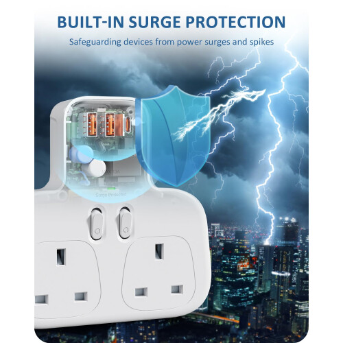 LENCENT Double Plug Adaptor With 3 USB Slots, Mult 2