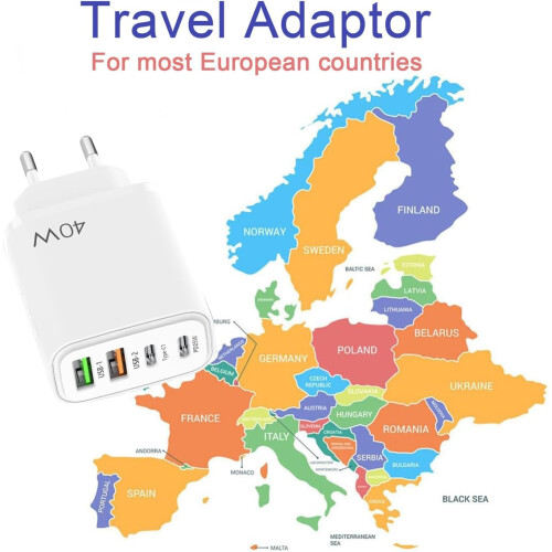 EU travel adapter charger, fast charging 2 USB C a 1