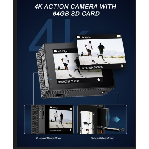 Yolansin 4K 60FPS Waterproof Action Camera: 64G SD 1