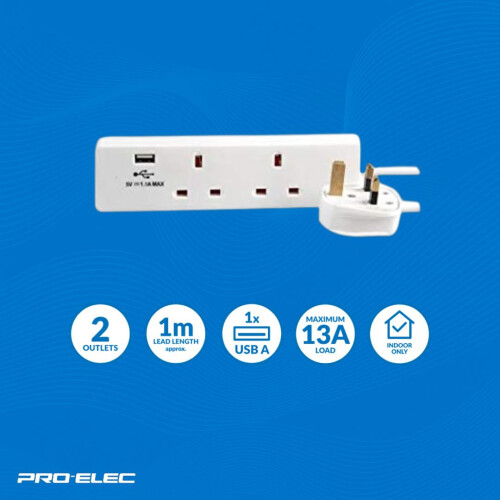 Pro Elec 2-Gang Mains Extension Lead with USB, 1m, 1