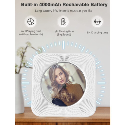 4000mAh Rechargeable CD Player with Bluetooth: Por 2
