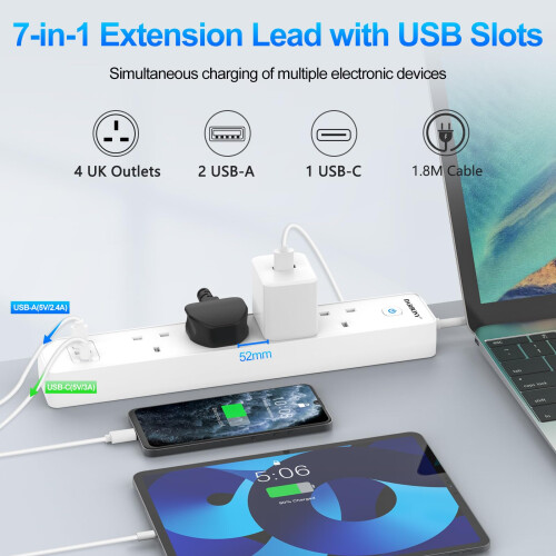 Extension Lead with USB Slots, 4 Way 3 USB Multi P 1