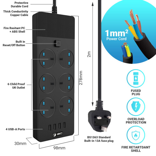 iBlockCube UK Extension Lead with 4 (2.1A) USB Slo 2