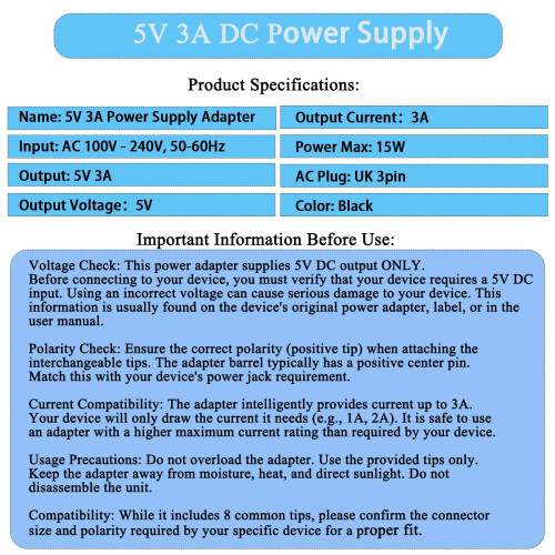 5V 3A Charger DC Power Supply AC Adapter for 5Vdc 1