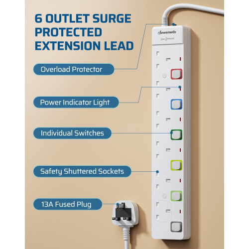 DEWENWILS 6 Way Surge Protected Extension Lead, In 1