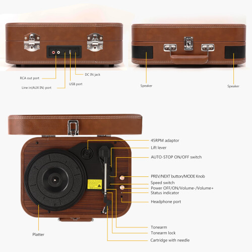 Record Player, VOKSUN Portable Bluetooth Vinyl Tur 1