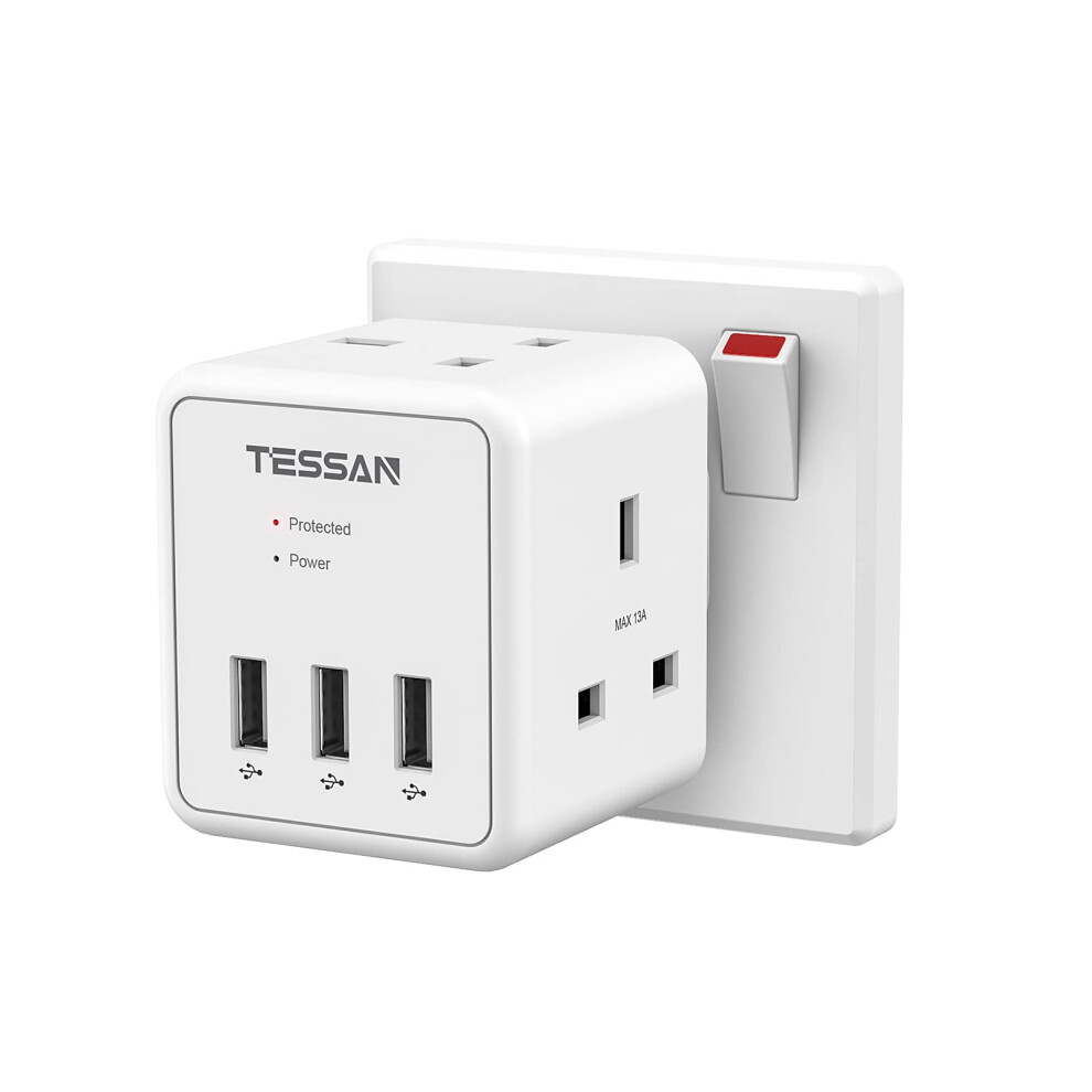 Double Plug Adapter Uk With 3 Usb, Tessan Surge Pr 82054632