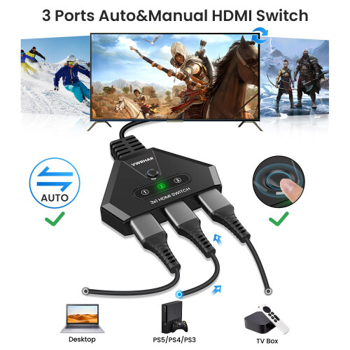 4K HDMI Switch - 3-Port Splitter with High-Speed H 2
