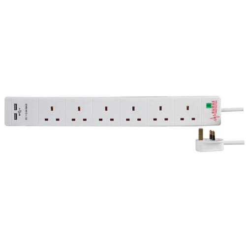 Pro Elec PEL00114 6 Way 2 USB Surge Protected Exte