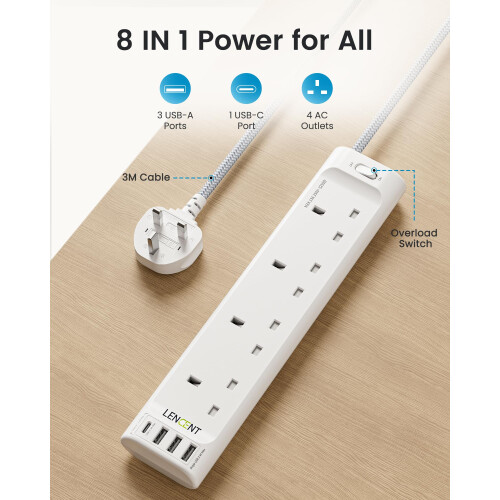 LENCENT Extension Lead with USB C Port, 4 Way Outl 1