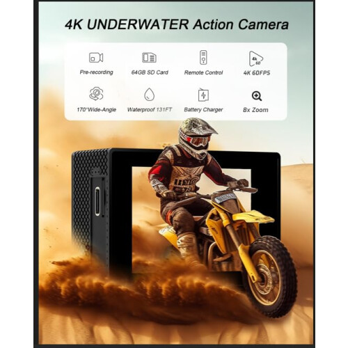 Yolansin 4K 60FPS Waterproof Action Camera: 64G SD 2