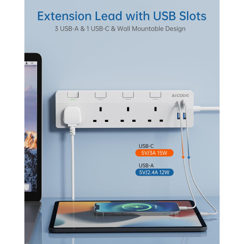 AICODE 4-Way Extension Lead With USB Slots, Surge 2