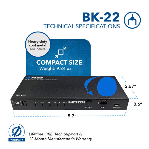 OREI 8K UltraHD 2 X 2 HDMI Splitter, 2 Input 2 Out 2