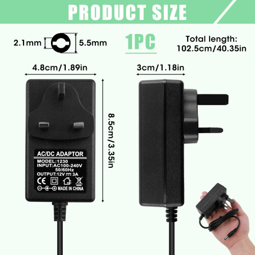 12V 3A 36W Power Supply Cable Adapter, AC 100-240V 1
