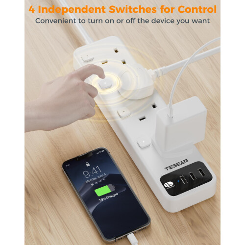 TESSAN Extension Lead with 3 USB Slots, 4 Way Mult 2