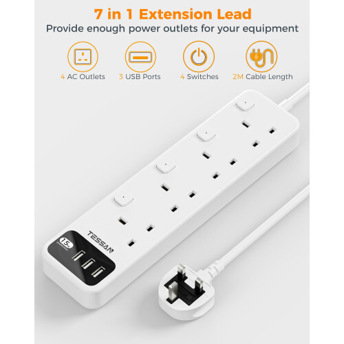 TESSAN Extension Lead with 3 USB Slots, 4 Way Mult 1