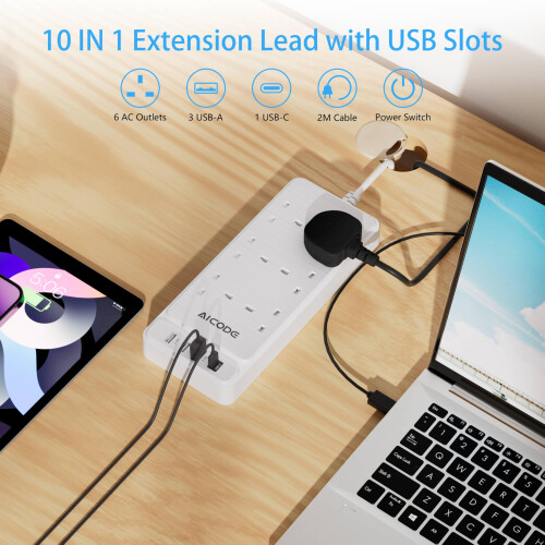 AICODE 6 Way Extension Lead with 4 USB Slots(1 USB 1