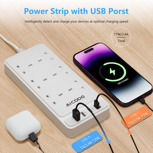 AICODE 6 Way Extension Lead with 4 USB Slots(1 USB 2