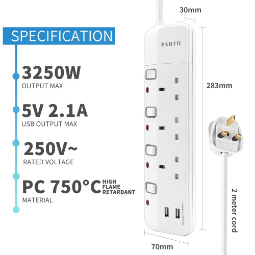 PARTH 2M Extension Lead with USB Slots 3 Way, 2 Me 1