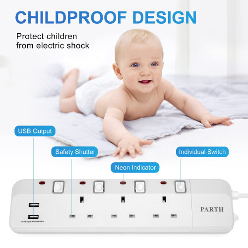 PARTH 2M Extension Lead with USB Slots 3 Way, 2 Me 2