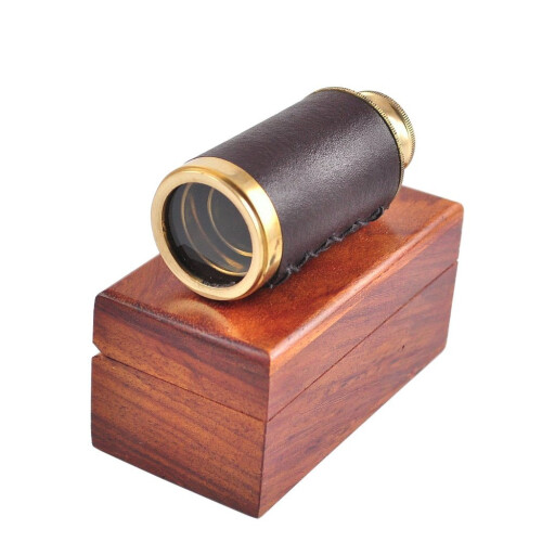 Antique leather bound brass telescope 6" with wood 2