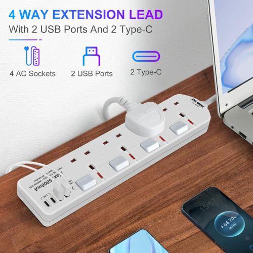 SE UKASE Extension Lead with USB Slots(5V/5A), 4 W 1