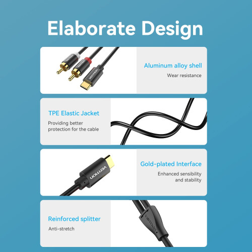VENTION USB C to 2X RCA Audio Cable Type C to 2RCA 2