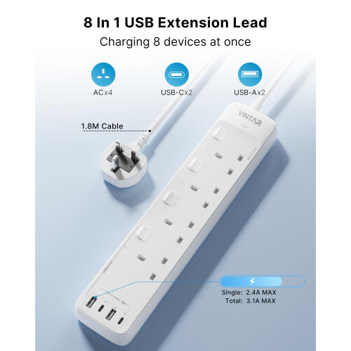 VINTAR Extension Lead with USB Slots, 4 Way Socket 1