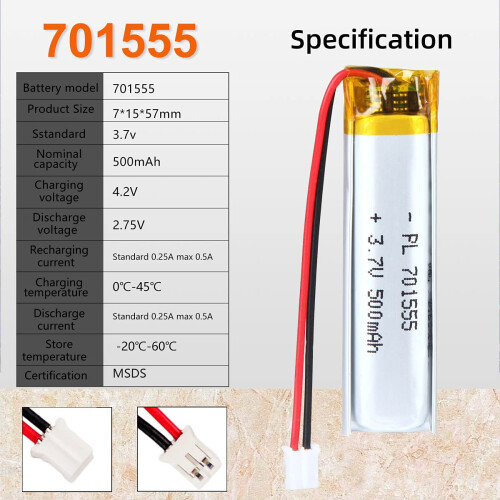 3.7V 500mAh Battery 701555 Lithium Polymer Ion Rec 1