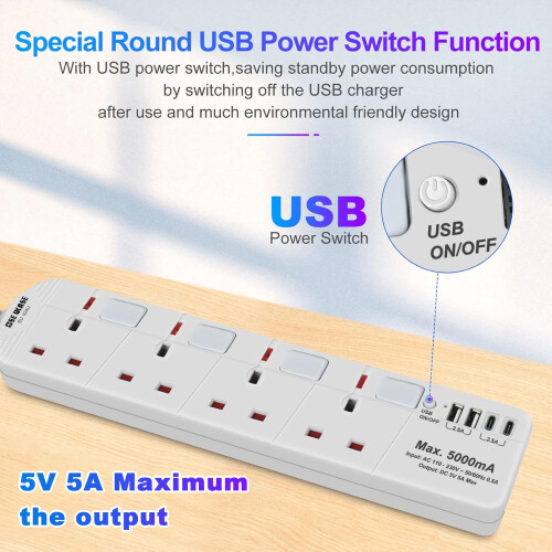 SE UKASE Extension Lead with USB Slots(5V/5A), 4 W 2