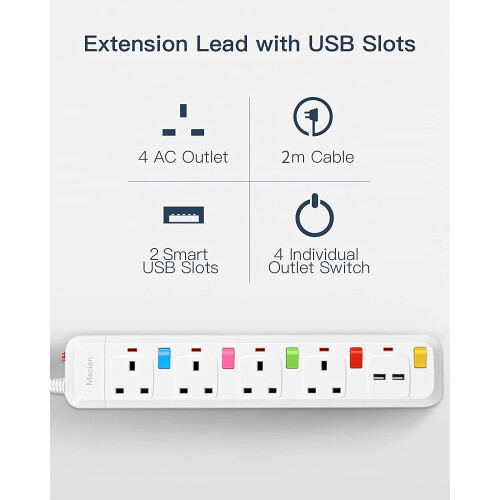 Mscien Extension Lead 2M with USB Slots, 13A 4 Way 1