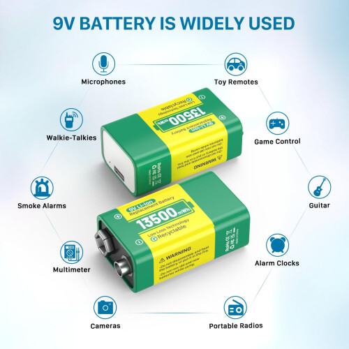 2 Pack 9 V Rechargeable Battery, 13500mWh 9 V High 1