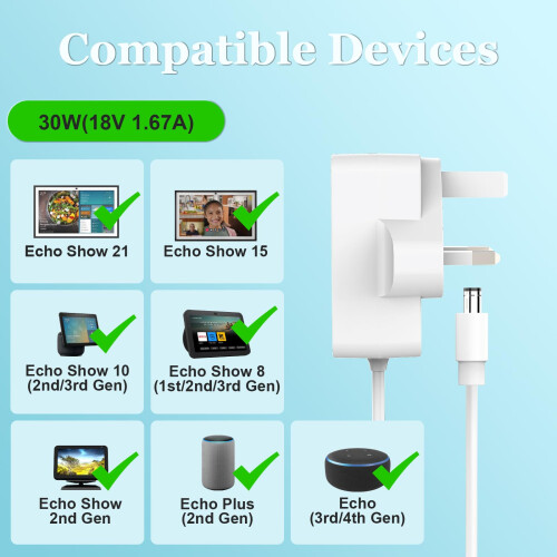 30W Power Adapter for Echo Show 8, Echo Show 10, E 1