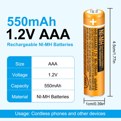 6 Pack 550mAh 1.2V AAA Rechargeable Batteries HHR- 1