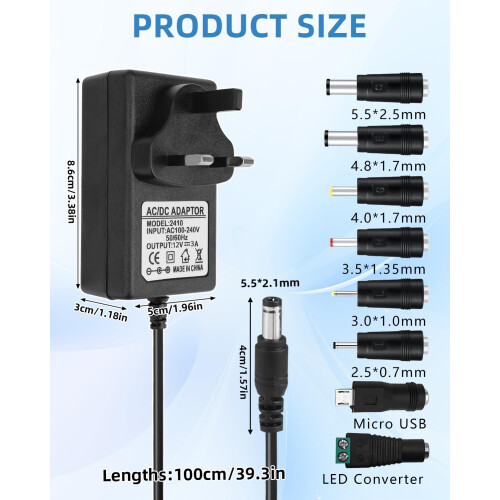 Universal Power Supply Cable Adapter UK 12V 3A 36W 1