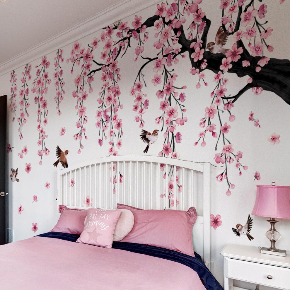 Large Cherry Blossom Wall Decals Peel And Stick Floral Waterproof Vinyl Wall Art For Living Room Nursery Pink